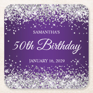 Silver Glitter and Royal Purple 50th Birthday Vierkante Kartonnen Onderzetter