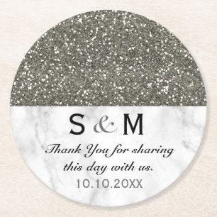 Silver Glitter and White Marble Wedding Monogram Ronde Kartonnen Onderzetter