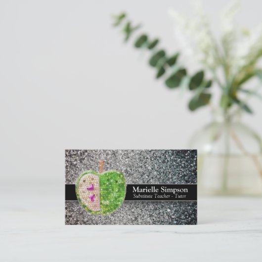 Silver Glitter Apple substitute leraar Tutor MUA Visitekaartje (Staand voorkant)