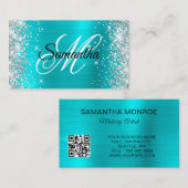 Silver Glitter Aqua Blue Folie Monogram QR-code Visitekaartje (Voorkant / Achterkant)