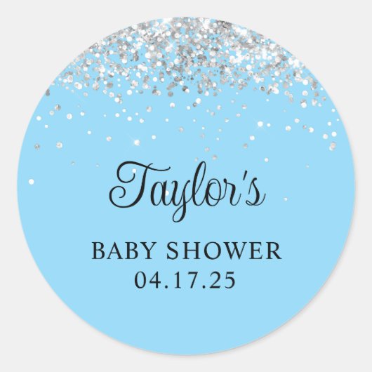 Silver Glitter Baby Blauwe Douche Ronde Sticker (Voorkant)