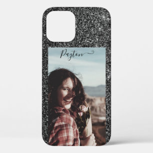 Silver Glitter Background Custom Name Photo Black iPhone 12 Hoesje