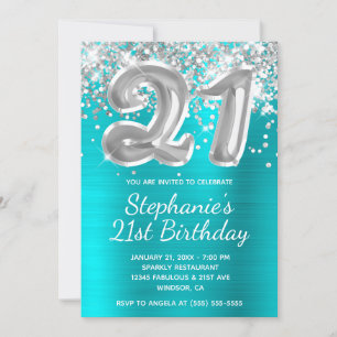 Silver Glitter Balloon Turquoise 21st Birthday Kaart