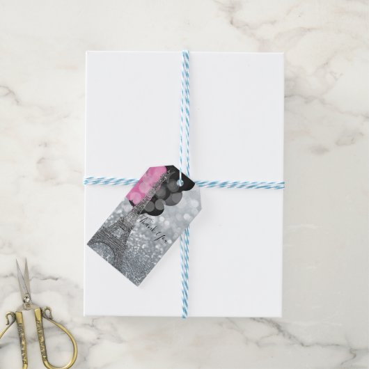 Silver Glitter & Balloons Paris Eiffel Tower Party Cadeaulabel (Met Touw)