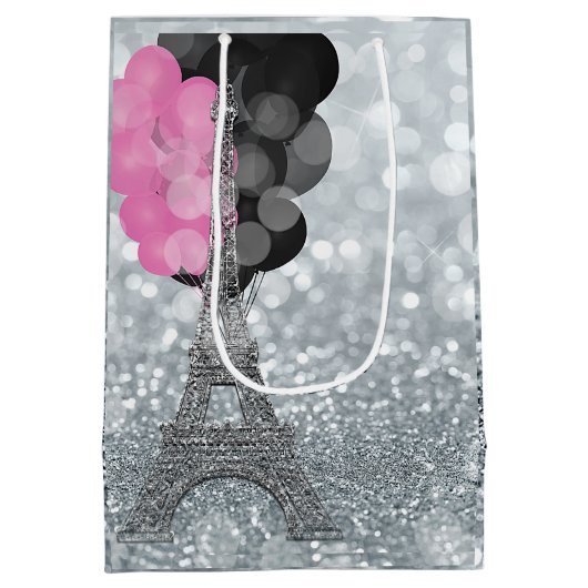 Silver Glitter & Balloons Paris Eiffel Tower Party Medium Cadeauzakje (Achterkant)