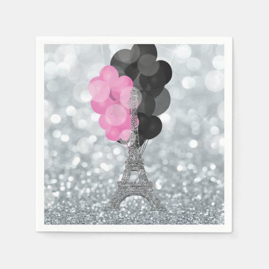 Silver Glitter & Balloons Paris Eiffel Tower Party Servet (Voorkant)