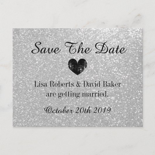 Silver glitter Bewaar de datum bruiloft briefkaart (Voorkant)