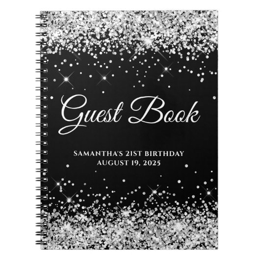 Silver Glitter Black 21st Birthday Guestbook Notitieboek (Voorkant)