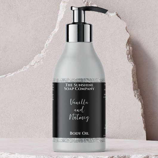 Silver Glitter & Black Cosmetics Flesetiket Rechthoekige Sticker