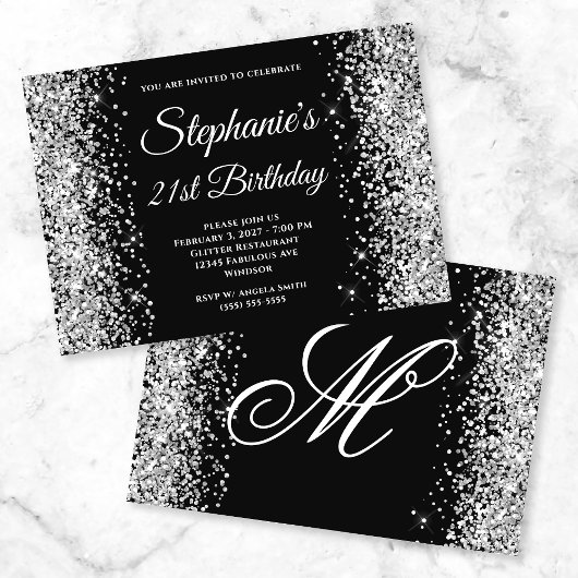 Silver Glitter Black Fancy Monogram 21ste verjaard Kaart