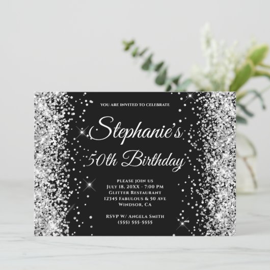 Silver Glitter Black Fancy Monogram Kaart (Staand voorkant)