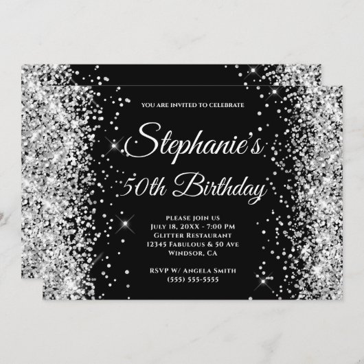 Silver Glitter Black Fancy Monogram Kaart (Voorkant / Achterkant)