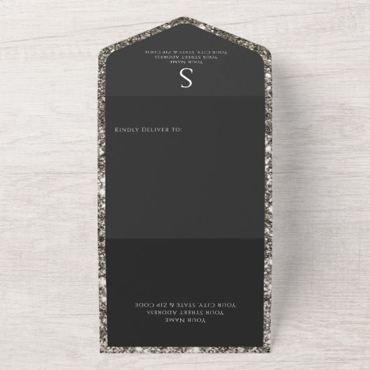 Silver Glitter & Black Glam QR-code All In One Uitnodiging (Buitenkant)