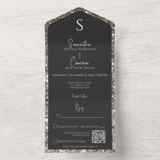 Silver Glitter & Black Glam QR-code All In One Uitnodiging (Binnen)