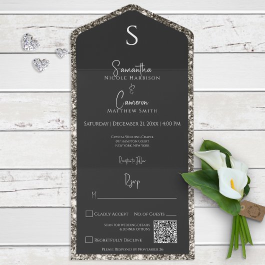 Silver Glitter & Black Glam QR-code All In One Uitnodiging