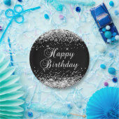 Silver Glitter Black Happy Birthday Papieren Bordje (Feest)