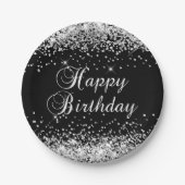 Silver Glitter Black Happy Birthday Papieren Bordje (Voorkant)