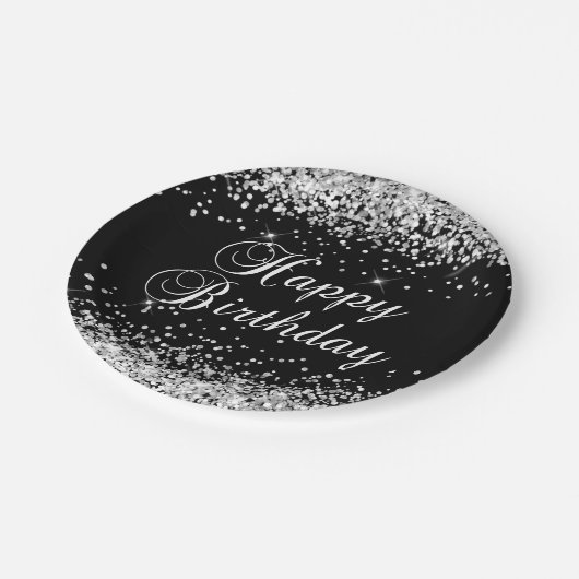 Silver Glitter Black Happy Birthday Papieren Bordje (Gekanteld)