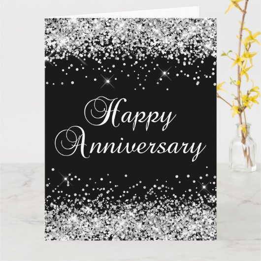 Silver Glitter Black Happy Jubileum Kaart (Gele Bloem)