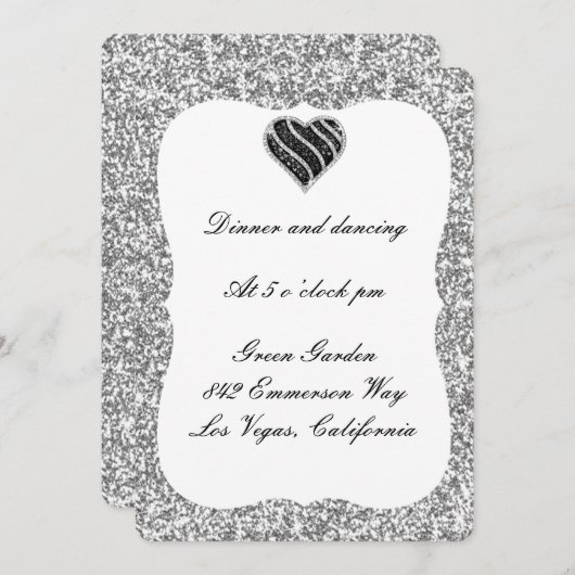 Silver Glitter Black Heart Reception Kaart (Voorkant / Achterkant)