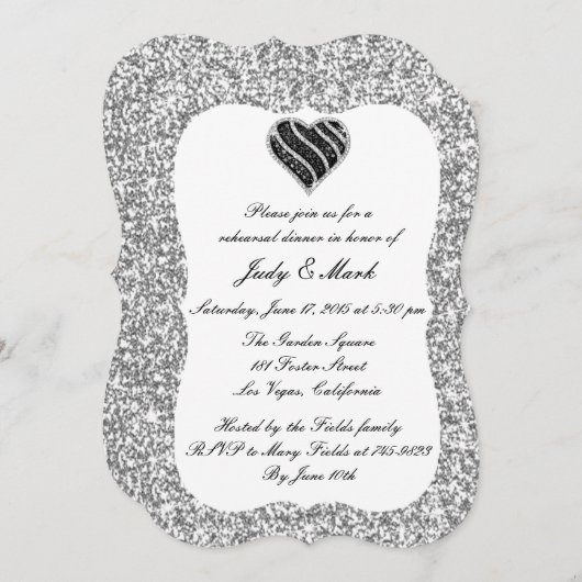 Silver Glitter Black Heart Rehearsal Dinner Invite Kaart (Voorkant / Achterkant)
