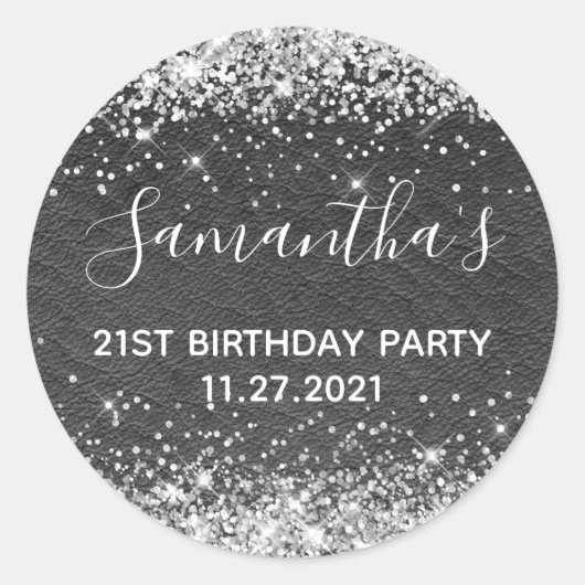 Silver Glitter Black Leather 21st Birthday Party Ronde Sticker (Voorkant)
