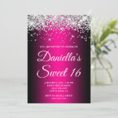 Silver Glitter Black Magenta Ombre Sweet 16 Kaart (Staand voorkant)
