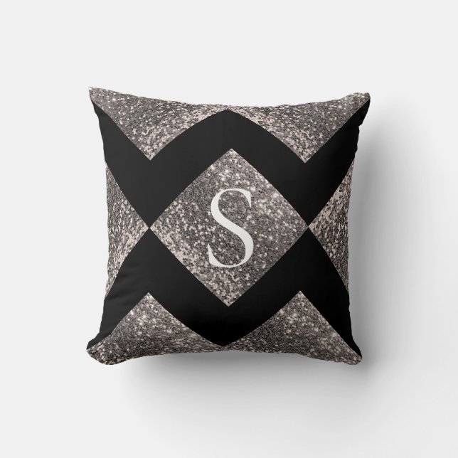 Silver Glitter Black Monogram Bing Chic Kussen (Voorkant)