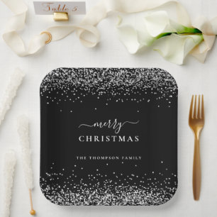 Silver Glitter Black Name Merry Kerstry Papieren Bordje