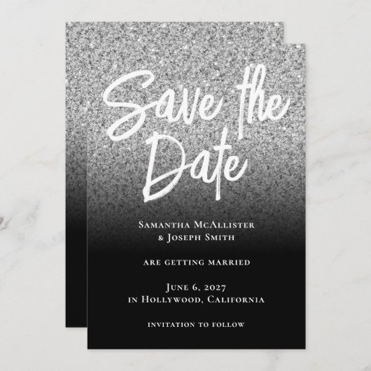 Silver Glitter Black Ombre Save The Date (Voorkant / Achterkant)