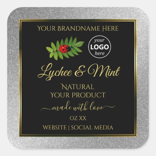 Silver Glitter Black Product Labels Ladybug Logo (Voorkant)
