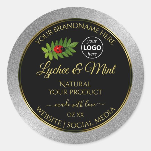 Silver Glitter Black Product Labels Ladybug Logo (Voorkant)