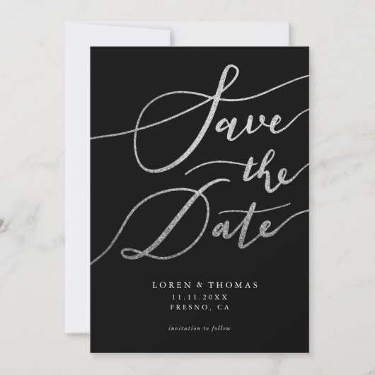 Silver Glitter Black Script Typography Save The Date (Voorkant)