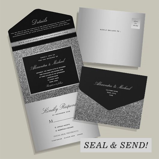 Silver Glitter Black Wedding All In One Uitnodiging