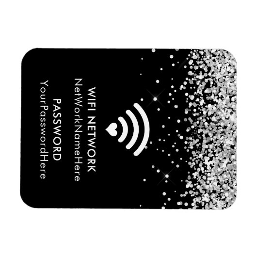 Silver Glitter Black WiFi-netwerk en wachtwoord Magneet (Horizontaal)