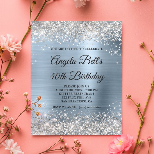 Silver Glitter Bleek Blue 40th Birthday Invite Flyer