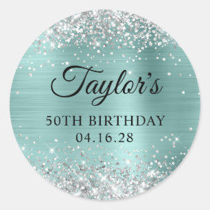 Silver Glitter Bleek Turquoise Folie 50th Birthday Ronde Sticker