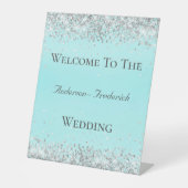 Silver Glitter Blue Elegant Weddenschap Welkomstte Reclamebord Met Voetstuk (Voorkant)