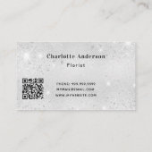 Silver glitter blue floral QR code Visitekaartje (Achterkant)