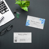 Silver glitter blue floral QR code Visitekaartje
