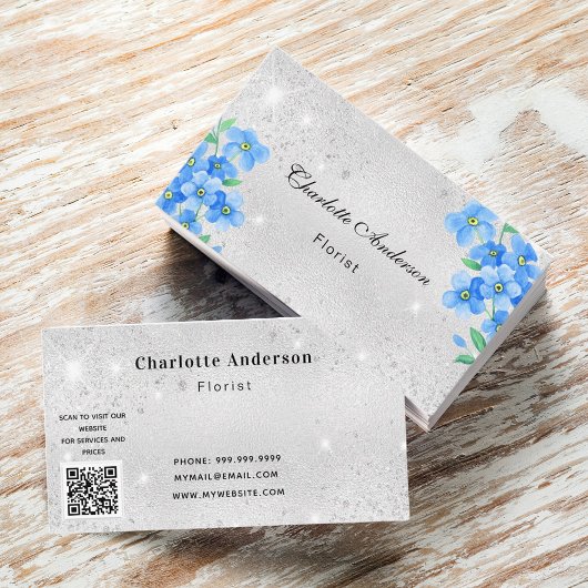Silver glitter blue floral QR code Visitekaartje