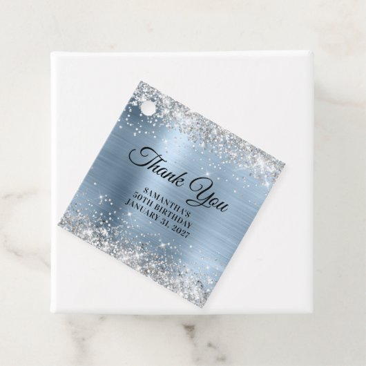 Silver Glitter Blue Monogram Birthday Dank je Bedankjes Labels (In situ)