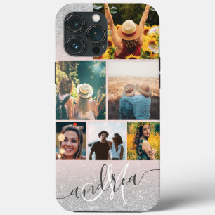 Silver glitter blush monogram 6 foto's collage iPhone 13 pro max hoesje