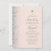 Silver Glitter Blush Pink First Heilige Communie Kaart (Voorkant)