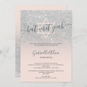 Silver glitter blush roze girbat mitzvah kaart