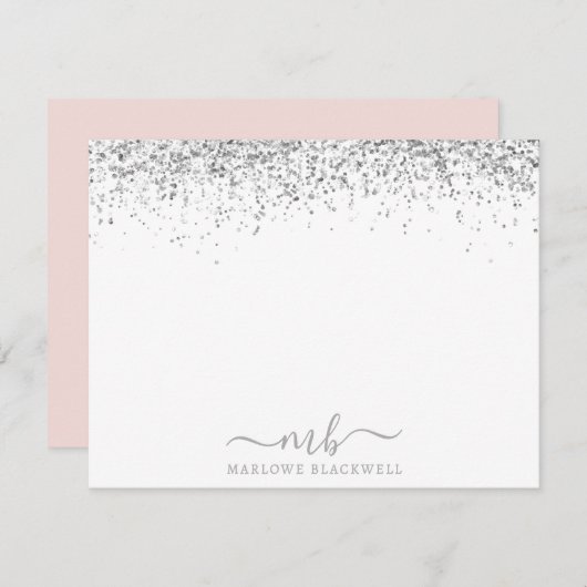Silver Glitter Blush Roze Monogrammed Note Kaart Notitiekaartje (Voorkant / Achterkant)