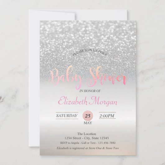 Silver Glitter Bokeh Baby shower Uitnodiging (Voorkant)