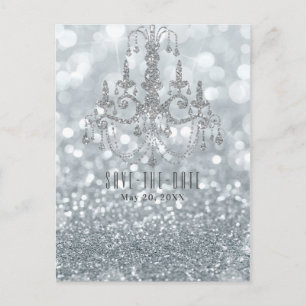 Silver Glitter Bokeh Glam Chandelier Save the Date Aankondigingskaart