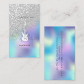 Silver Glitter Bokeh, Guitar, Blue Holographic Visitekaartje (Voorkant / Achterkant)