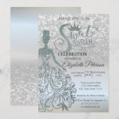 Silver Glitter Bokeh Ombre, Dress, Tiara,Sweet 16 Kaart (Voorkant / Achterkant)